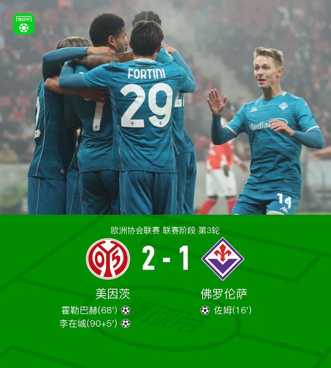 美因茨2-1逆转佛罗伦萨，李在城替补传射，霍勒巴赫破门